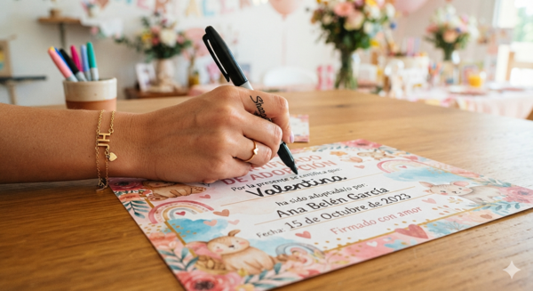 Mano Rellenando el certificado de adopción de su bebe reborn bonito 