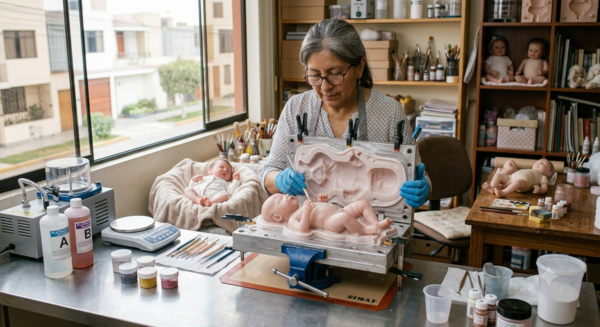 Mujer en su taller de bebe reborn cuerpo de silicona